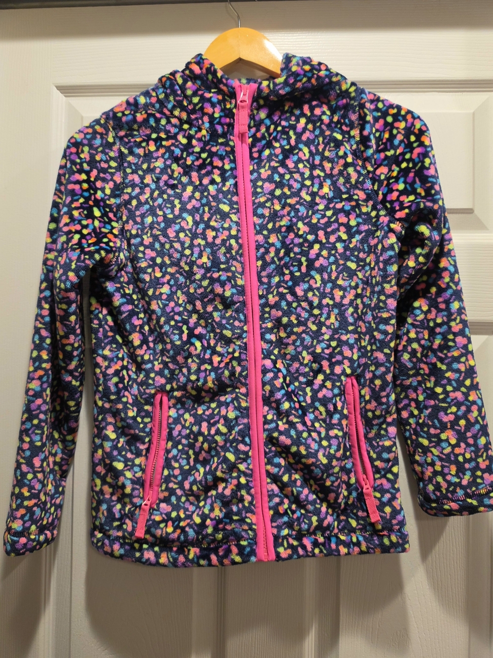Lands' End Navy Hooded Jacket with Neon Confetti and Pink Trim